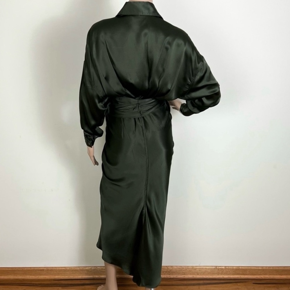 NEW DIVINE HERITAGE GREEN SILK GATHERED MIDI SHIRT DRESS - Picture 5 of 6